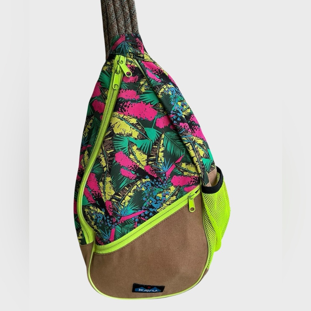 KAVU Rope Sling Backpack Tropical Palm Hibiscus Neon Green Hiking Travel Bag